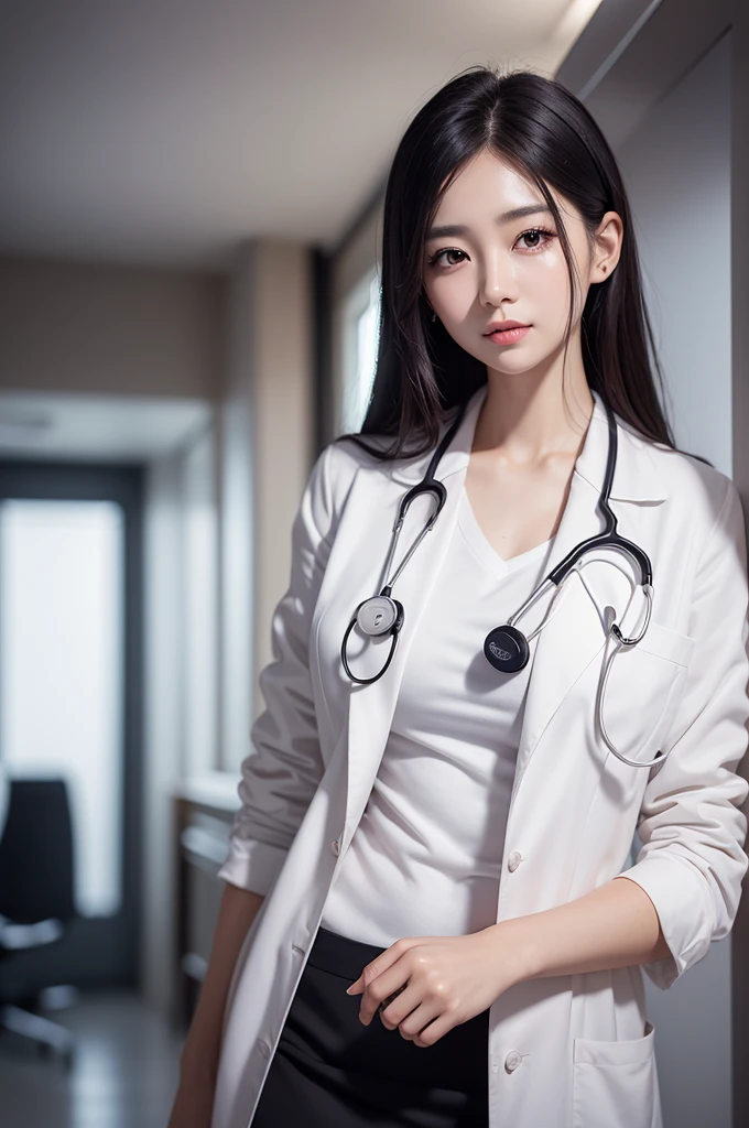 Photorealistic beautiful doctor、stunningly beautiful、doctors white coat, Collared shirt、(top-quality、8K、32K、masterpiece、nffsw:1.3)、超A high resolution,(Photorealsitic:1.4),Raw photography, Detailed face,,Beautiful hair,real looking skin、 ((Doctor Style)), , Black tight skirt、 Natural makeup,, large full breasts、inside hospital, Detailed background, Perfect Lighting, depth of fields, Beautiful shadow gradient,stethoscope ,
