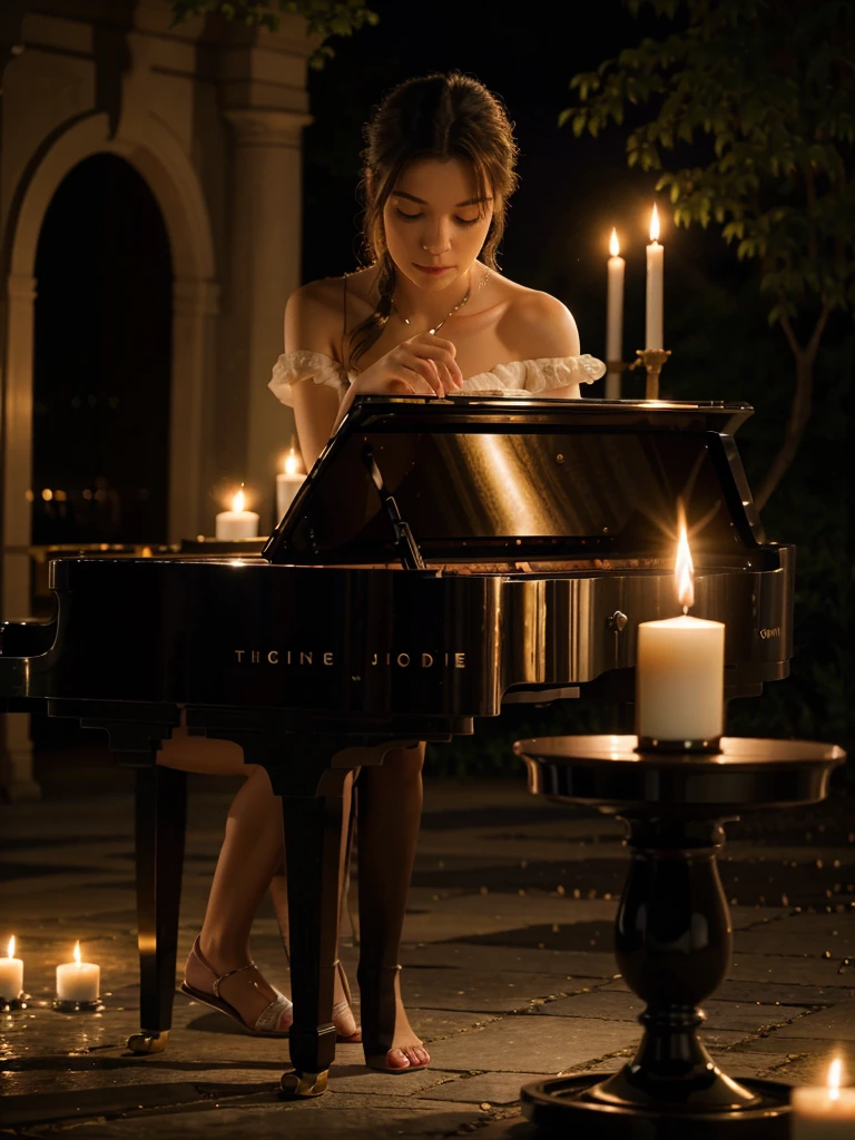 realistic image of a symphony pianist sitting playing a grand piano at night surrounded by candles with a romantic atmosphere outdoors