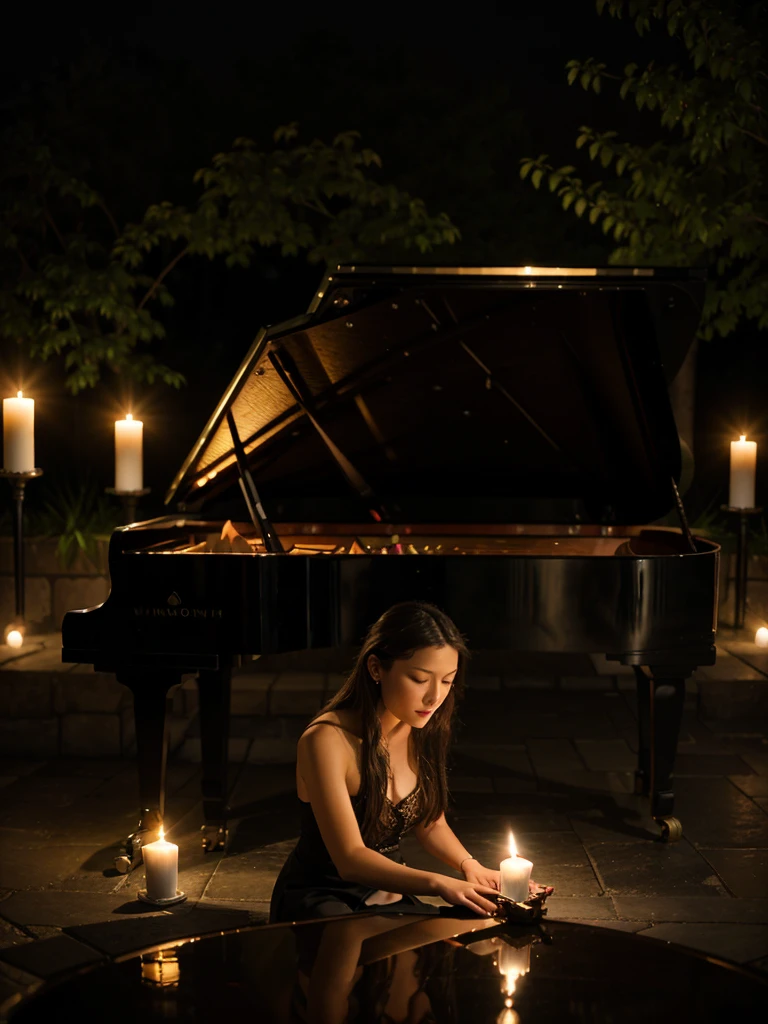 realistic image of a symphony pianist sitting playing a grand piano at night surrounded by candles with a romantic atmosphere outdoors