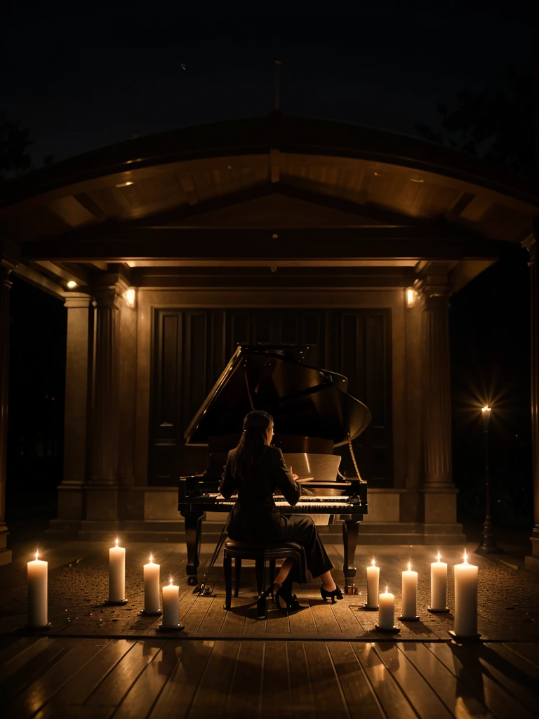 realistic image of a symphony pianist sitting playing a grand piano at night surrounded by candles with a romantic atmosphere outdoors
