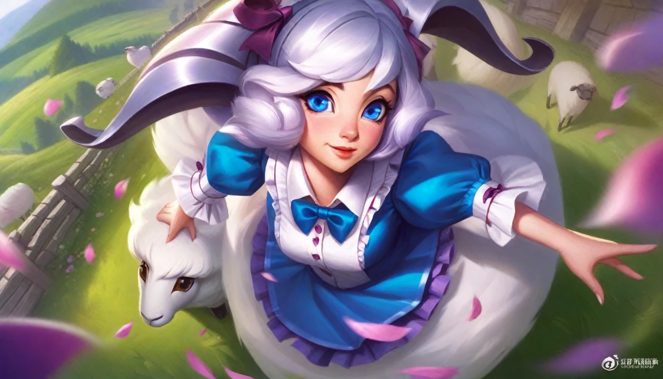 score_9, score_8_up, score_7_up, score_6_up, score_5_up, score_4_up, BREAK lolsplashart, best aesthetic, artstation, solo,outdoors,field,flowers,sunbeam,sheep girl,neck tuft,white hair,sheep horns,blue eyes,blue dress,frills,puffy sleeves,ribbons,bowtie,long hair,lens flare,from above,happy,wind,petals,mature female,milf