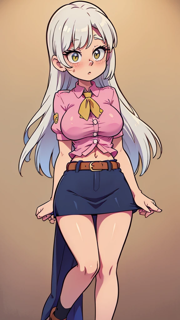  a tall girl, big breast, beautiful beauty, beautiful, cute, loving, long white hair, her blue-yellow eye, she wears a pink button-down blouse, short sleeves, shows her navel and a short dark blue skirt, a brown belt, a long black heel. 