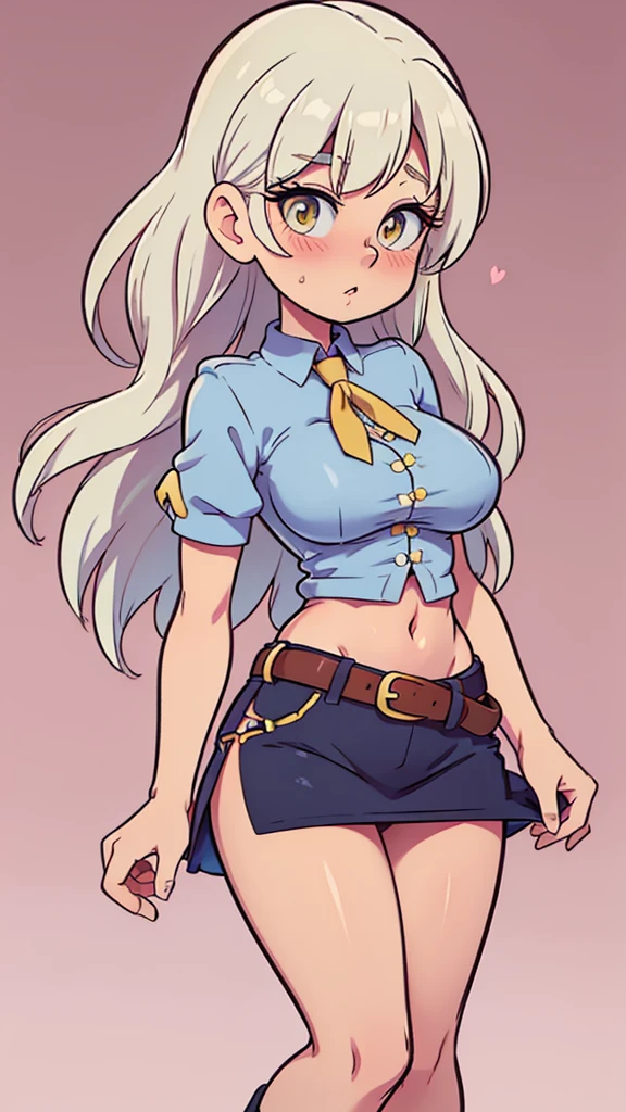 a tall girl, big breast, beautiful beauty, beautiful, cute, loving, long white hair, her blue-yellow eye, she wears a pink button-down blouse, short sleeves, shows her navel and a short dark blue skirt, a brown belt, a long black heel.