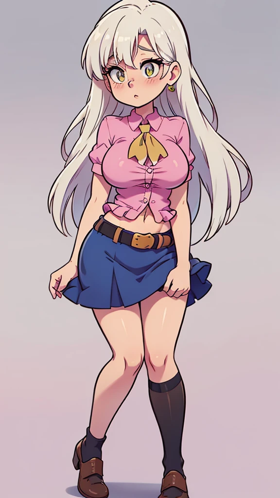  a tall girl, big breast, beautiful beauty, beautiful, cute, loving, long white hair, her blue-yellow eye, she wears a pink button-down blouse, short sleeves, shows her navel and a short dark blue skirt, a brown belt, a long black heel. 