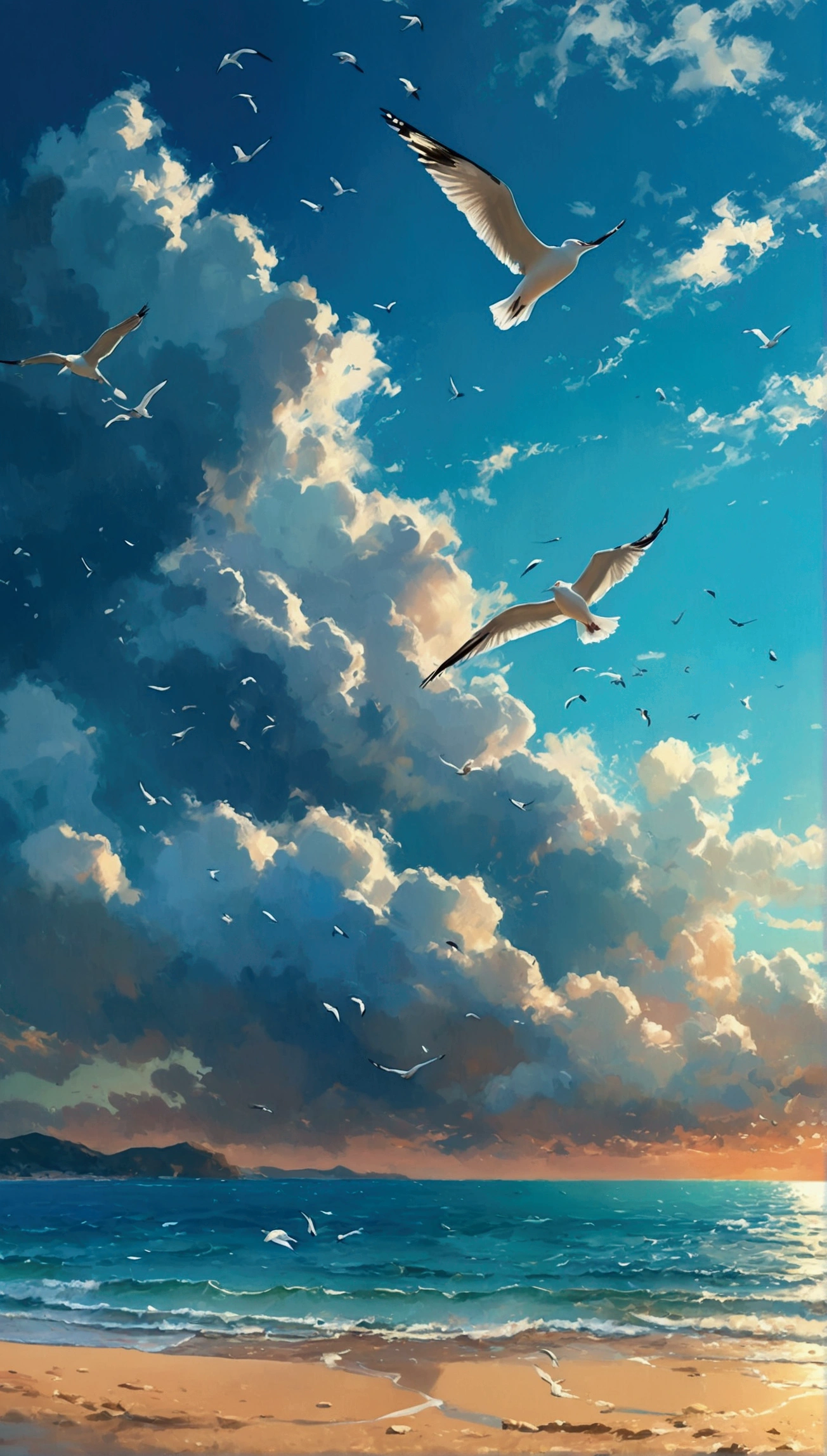 (best quality,4k,8k,highres,masterpiece:1.2),ultra-detailed,(realistic,photorealistic,photo-realistic:1.37),blue-sky,baiyun,Birds in the distance,the sea,Expansive picture,Faraway view,landscape,ocean waves,peaceful,tranquil,fresh air,serene atmosphere,soft sunlight,subtle breeze,sandy beach,seagulls flying,scenic beauty,endless horizon,vibrant colors,sky reflection on the sea surface,lush greenery,trees swaying,mountains in the background,splendid beauty of nature,harmony between land and sea,relaxing environment