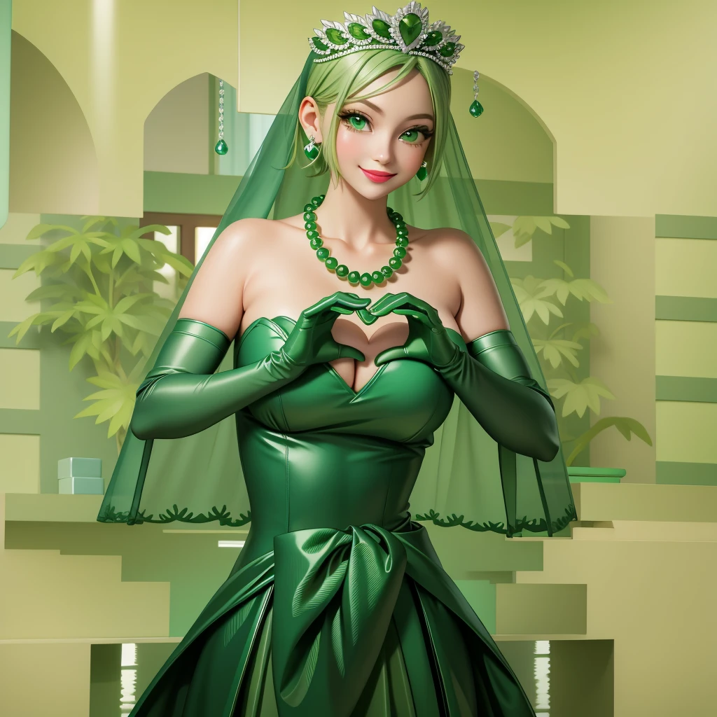 Emerald tiara, Green Pearl Necklace, ボーイッシュな非常に短いGreen Hair, Green Lips, Smiling Japanese woman, Very short hair, Busty beautiful lady, Green Eyes, Green satin long gloves, Green Eyes, Emerald Earrings, Green veil, Heart with both hands, Green Hair, Beautiful Japanese Woman, Heart shaped hands:1.3, green lip gloss