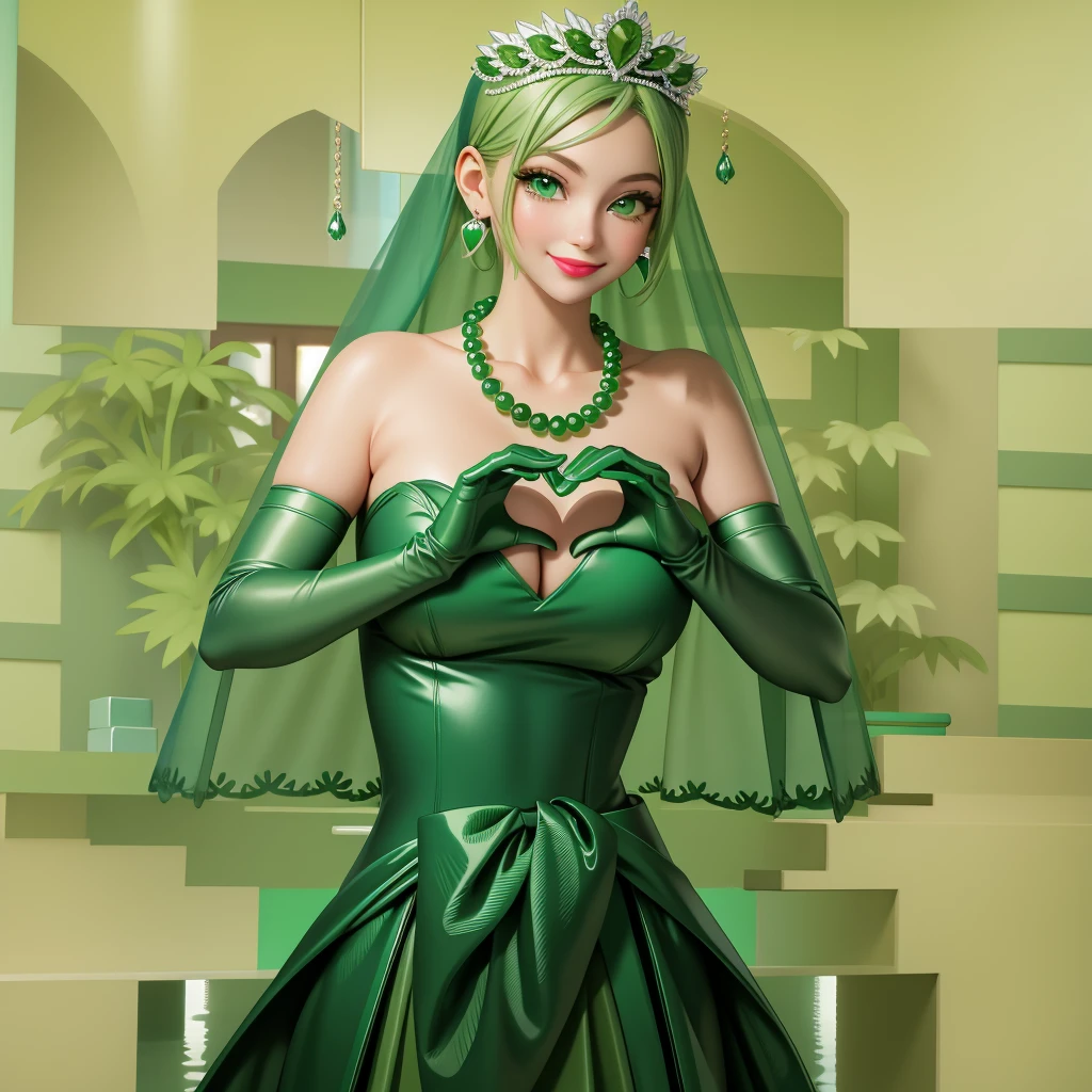 Emerald tiara, Green Pearl Necklace, ボーイッシュな非常に短いGreen Hair, Green Lips, Smiling Japanese woman, Very short hair, Busty beautiful lady, Green Eyes, Green satin long gloves, Green Eyes, Emerald Earrings, Green veil, Heart with both hands, Green Hair, Beautiful Japanese Woman, Heart shaped hands:1.3, green lip gloss