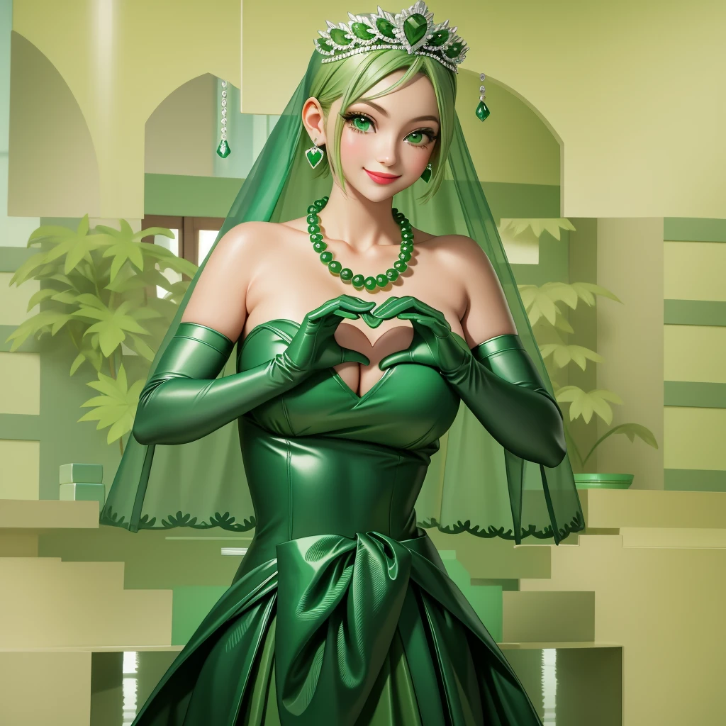 Emerald tiara, Green Pearl Necklace, ボーイッシュな非常に短いGreen Hair, Green Lips, Smiling Japanese woman, Very short hair, Busty beautiful lady, Green Eyes, Green satin long gloves, Green Eyes, Emerald Earrings, Green veil, Heart with both hands, Green Hair, Beautiful Japanese Woman, Heart shaped hands:1.3, green lip gloss