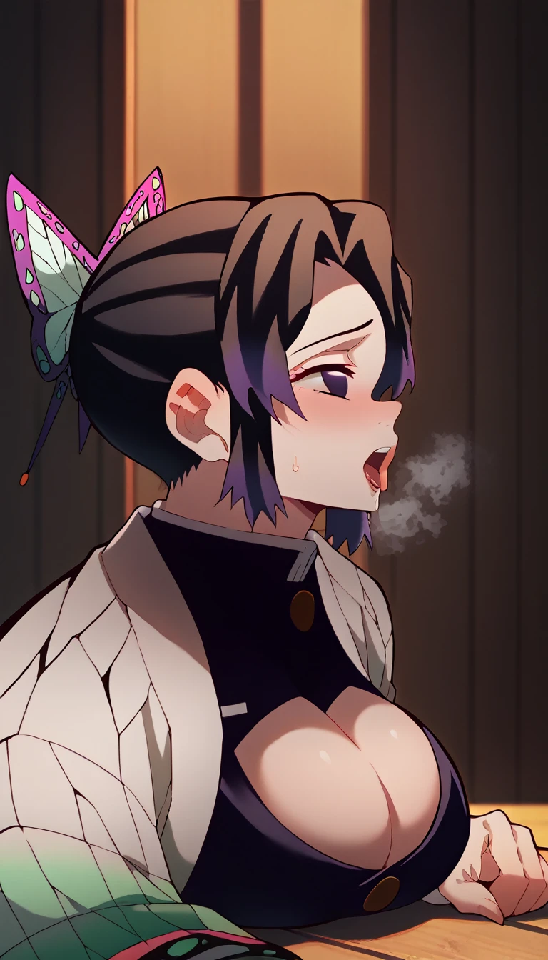 nsfw,1 male,Sweat,White Breath,(Cleavage voyeur),Prone,room,((Big Breasts)),Side view,dorsal position,Ahegao,Instant 2 frames,Demon slayer,Shinobu Kocho