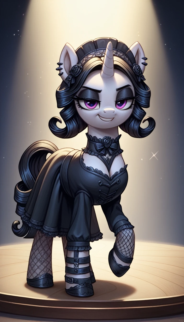 score_9,score_8_up,score_7_up,score_6_up, filly, unicorn, Gothic pony, lolita goth fashion, glowing backlight, fashion show, catwalk scene, glitter, whimsical, enchanted, magical, fantasy art concept, intricate details, smug smile, large Breast Augmentation Implants like a blimp,