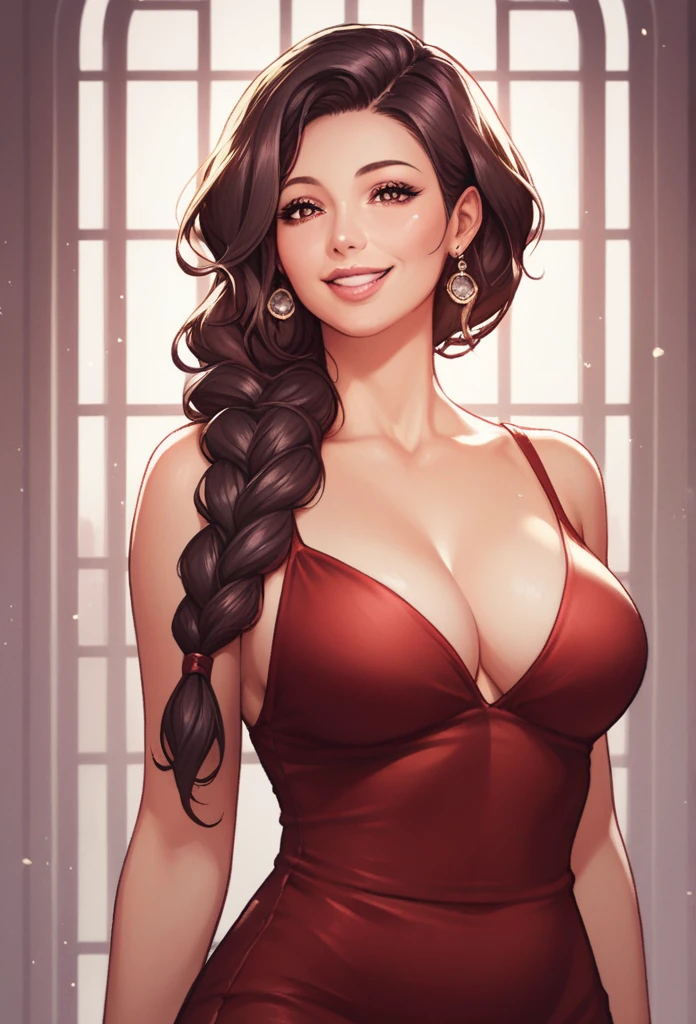 ((1woman, mature,single hair braid,dress, jhumka earrings , detailed alluring eyes, smooth detailed lips, beautiful face, smiling