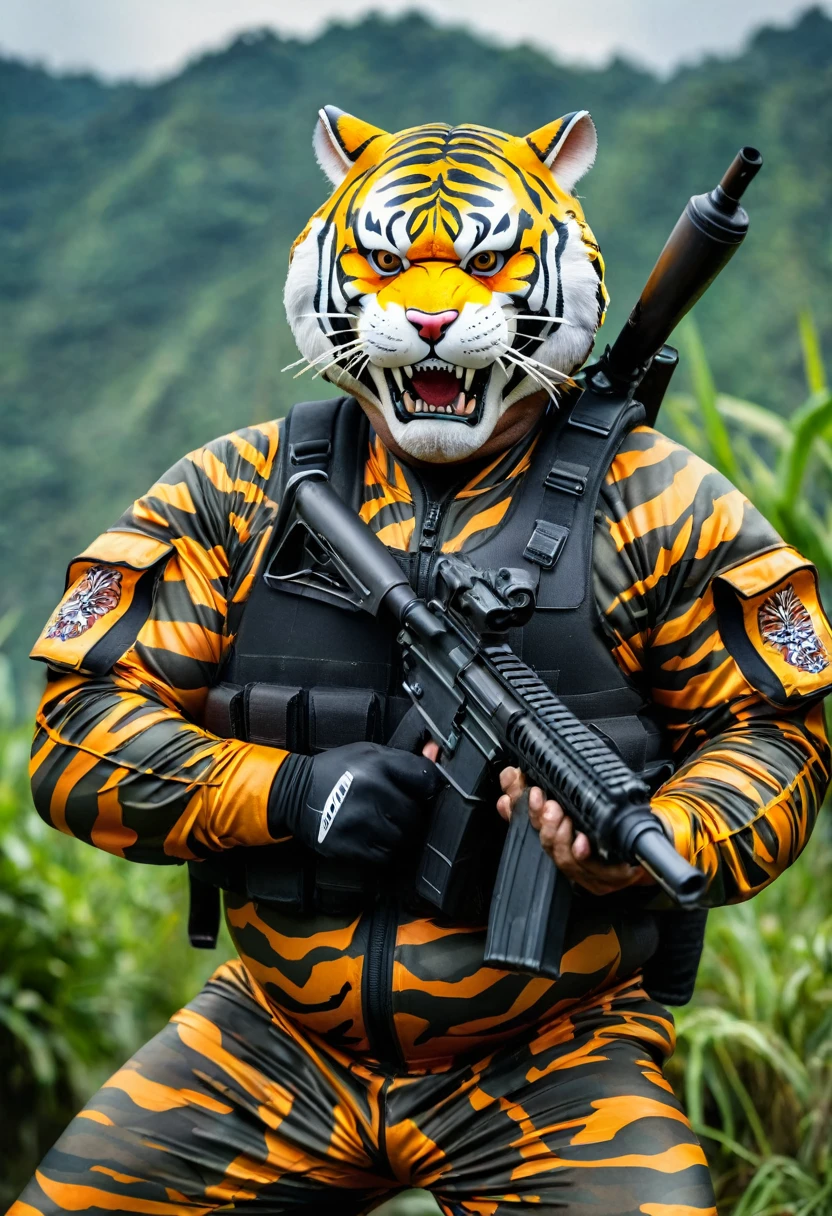 (a dark-skinned fat old man in a bulky camouflage zipper diver suit) shooting with a gun and (wearing roaring siberian tiger mask that show the wearer eyes), muscular, Basuki Abdullah, sumatraism, action, a character portrait, heroic, fierce, snarling