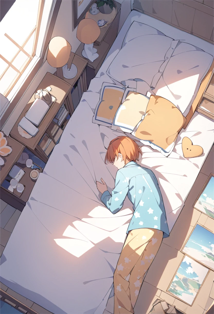 Orange Hair、man、man高校生、boy、Lying down、Pajamas、pajamas、Open your eyes、Landscape、profile、真顔のprofile、Inside the room、Short Hair、From above、From above視点、真From aboveの視点