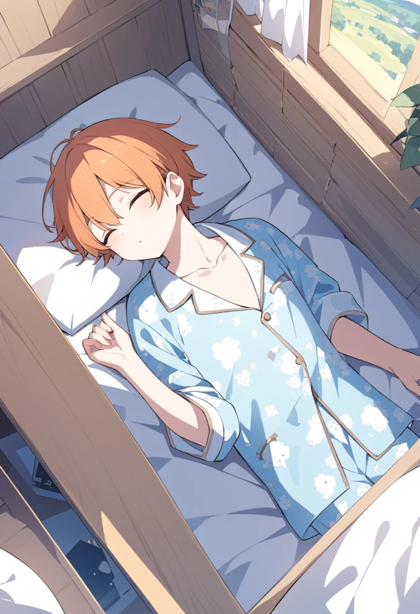 Orange Hair、man、man高校生、boy、Lying down、Pajamas、pajamas、Open your eyes、Landscape、profile、真顔のprofile、Inside the room、Short Hair、From above、From above視点、真From aboveの視点