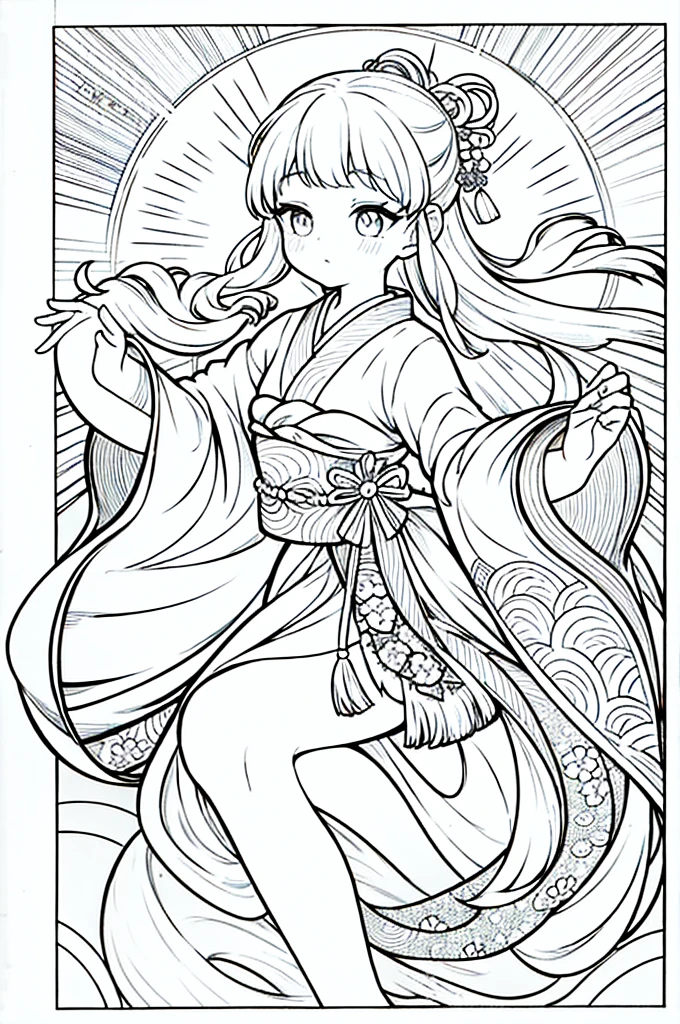 As a coloring book, the color should be black and white, the border should be simple, clear, and bold. A graceful Asian girl with elegant movements is performing a traditional Japanese dance in a grand [Kabuki theater]. She is wearing an exquisite [kimono with crane pattern], the flowing silk fabric accentuating her graceful movements. The girl's face is painted with delicate makeup, and her hair is adorned with an elaborate [hair ornament]. The intricate details of the kimono and the theater setting provide for the coloring book illustration.