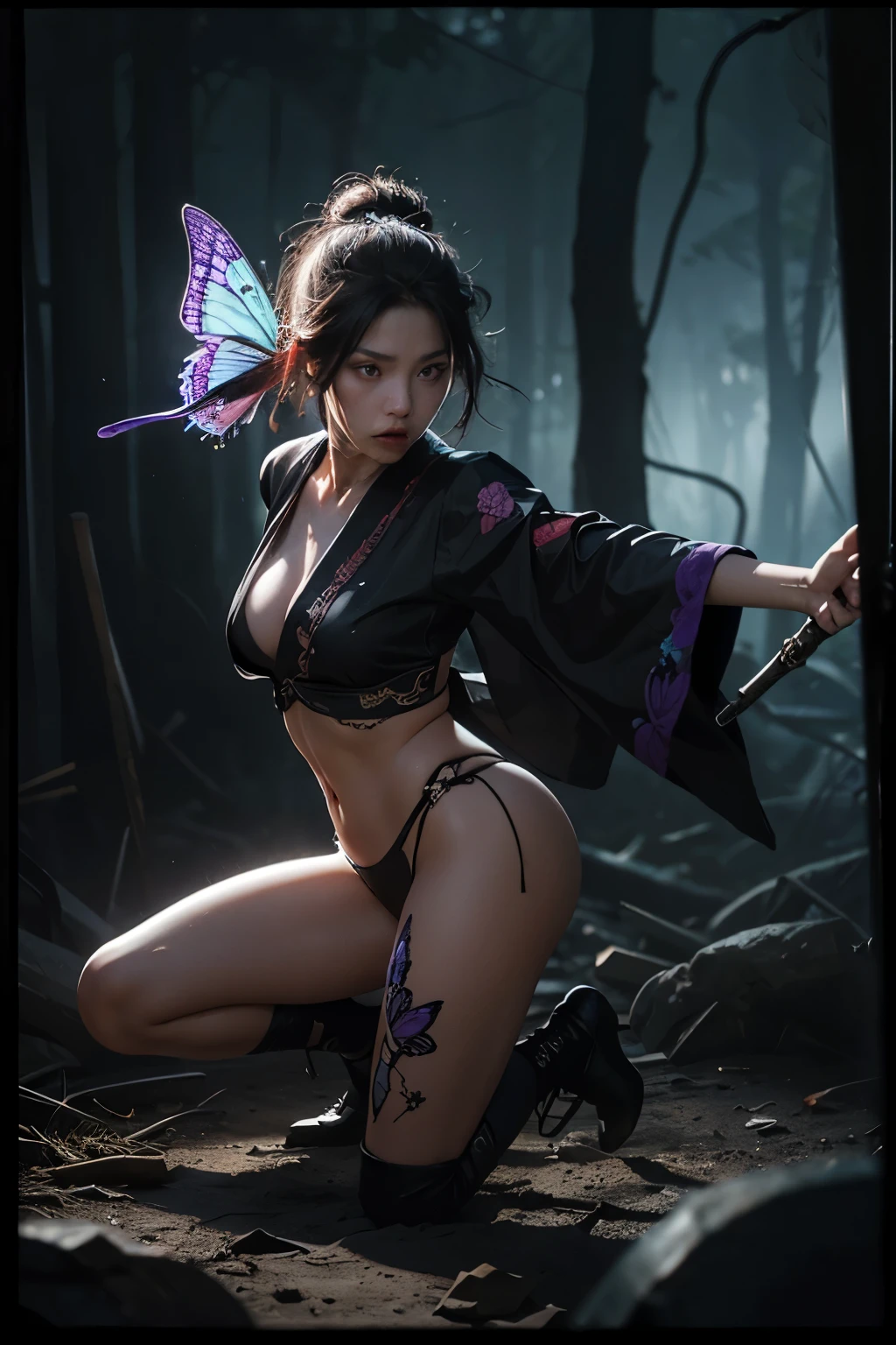 8K,Women in traditional Japanese kimonos fighting,(Dark Shot:1.4), 80mm, (Dark Shot:1.4), 80mm, A magnificent reality, Big eyes,Black short bob hair,Black and purple butterfly hair ornament,Black kimono and red obi,Black and purple butterfly embroidery(Precise butterfly embroidery),Purple eyes(Purple Effect),mat, art,Horror movie lights, Photo Lab, High resolution, Complex and highly detailed, (Depth of written border:1.4), (Dark Shot:1.22), (Art Station:1.2), Super detailed, dramatic, Intricate details, (Technicolor:0.9), (Rutkowski:0.8), Like a horror movie, detailed, Soft Light, sharp, Exposure Blending, Medium Shot, (Noir:0.4), horror light,sharp, Exposure Blending、Medium Shot,Photorealistic RAW photos of the highest quality。Backlight, Cinema Lighting, Film Grain, 50MM lens, Nikon D850,Realistic Skin,Fantasy art,Character art,超High resolution,Muscular and slim body,super Realistic Skin,Late Night,Underworld demon makeup,Battle Scenes,Action Scenes,Action pose,Intense action pose,fierce fighting,Holding a dagger,Acrobatic pose,Fighting Style,Butterfly embroidery,Dim forest,