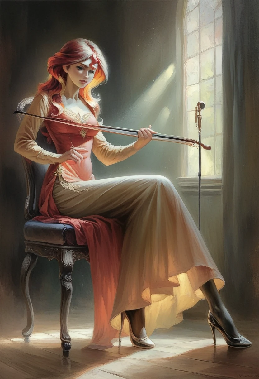 sunset shimmer playing a cello, realistic style, beautiful, sitting on a chair, long dress, side slit, pantyhose, high heels, music stand, intricate details, delicate features, elegant pose, dramatic lighting, warm color palette, photorealistic, cinematic composition, high-quality, masterpiece