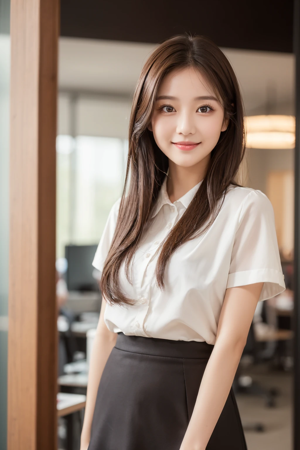 ((Highest quality, 8K, masterpiece :1.3)), 1 Girl, smile, whole body, Face thinning, Beautiful woman, (Dark brown hair), Recruit Skirt :1.1, Highly detailed face, Delicate eyes, double eyelid, Blurred Background, Face thinning, office,