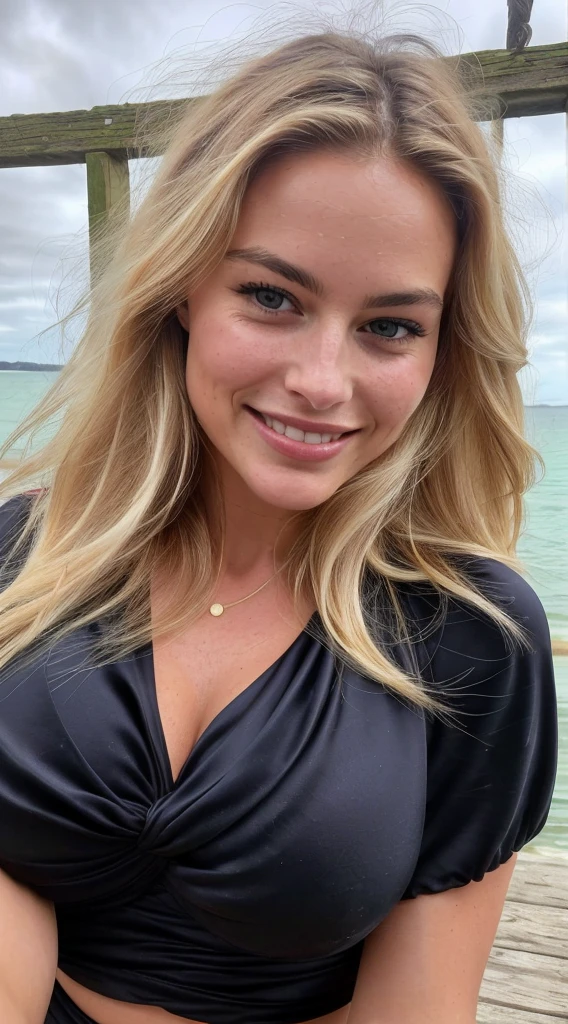 ((margot robbie:0.5), (claudia schiffer:0.5), european, perfect body, perfect face, perfect face, instagram model, silky dark blond hair, hair blown by the wind, no fringe on hair, ((extra huge larger breasts)), (small hips), small thighs, Detailed face, Realistic skin, smiling, Beautiful, Front view, selfie, photo taken with iPhone, high quality, selfie iPhone, cleavage