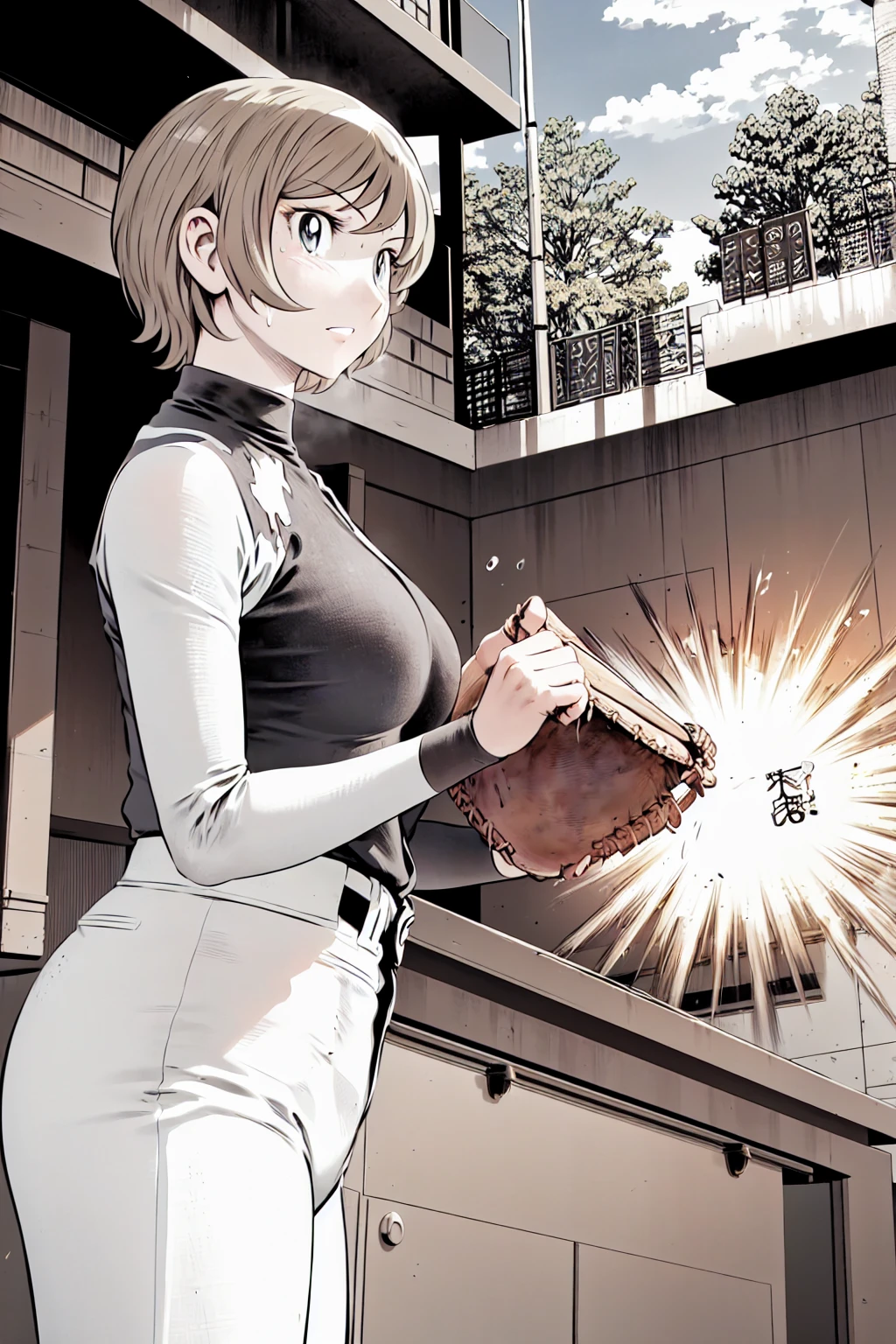 (野球uniform:1.2),
Blonde, (short hair:1.2),Long sleeve, Black Shirt, turtleneck,White trousers、uniform、Black belt、((Illustration of a person))、big 、
View your viewers,, (Highest quality:1.3),One Girl, White pants、uniform、Outdoor、baseball ground、ground、soil、blue eyes、Tight black shirt、(masterpiece、Highest quality)、Highest quality, Ultra-high resolution, (((masterpiece))), alone, Sweat、big eyes、big Breasts、Torn clothes、 fully exposed、Nipples、One Girl, Front view、Embarrassed face、Bronze colored hair、((short hair))、Stand up straight、Cowboy Shot