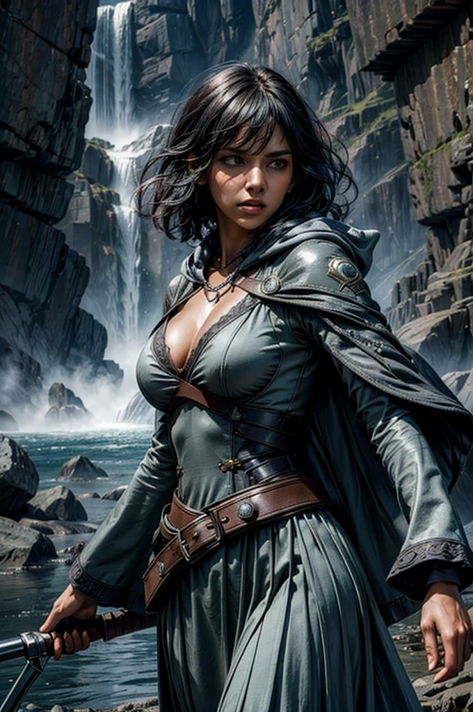 MariaCalavera, dark skin, black hair, short hair, silver eyes, dress, cleavage, cape, belts, hood, cowboy shot, (dynamic pose), standing in field in valley, BREAK mountains in background, waterfall, crowd, (crowd in military uniform), (volumetric lighting), intricate details, tonemapping, sharp focus, hyper detailed