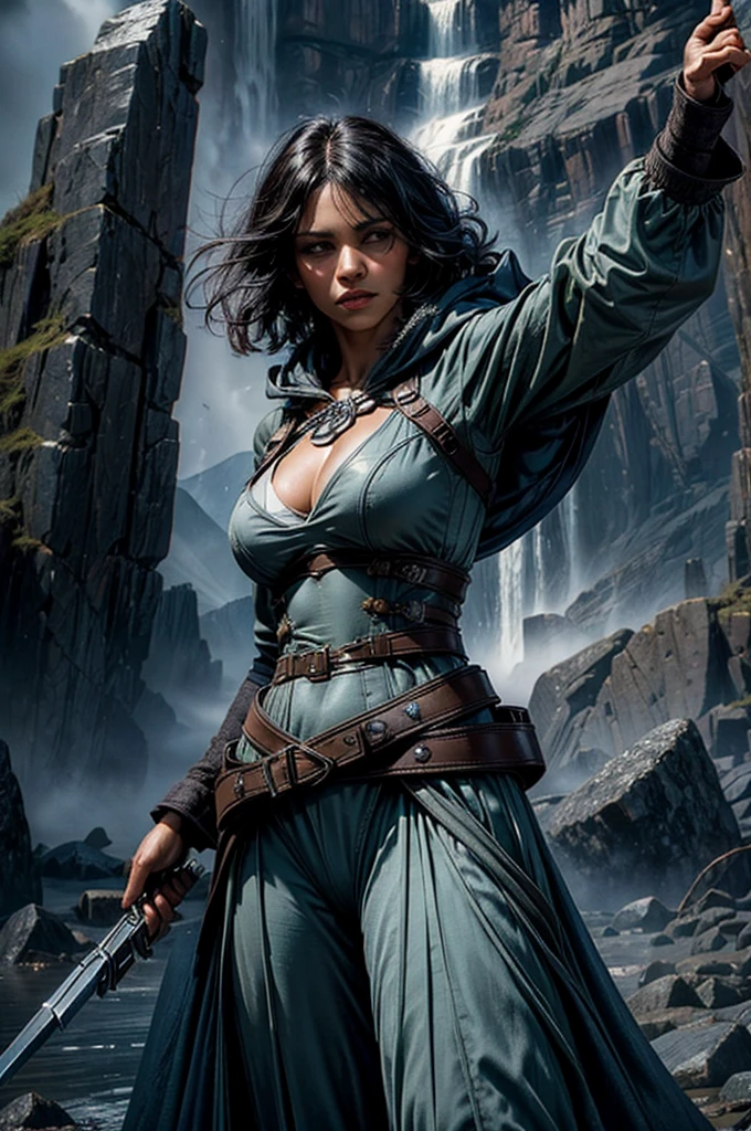 An illustrated poster for the film, hand drawn, cor cheia, uma adolescente Westerosi, wearing a royal tunic, tez morena quente, sardas, olhos turquesa, cabelo escuro, cachos longos e soltos, cabelo na altura da cintura, posando em um pedestal, sombras duras, sombreamento de grafite, stencil marks, retouched acrylic ink, Obra de arte, no estilo de Game of Thrones 