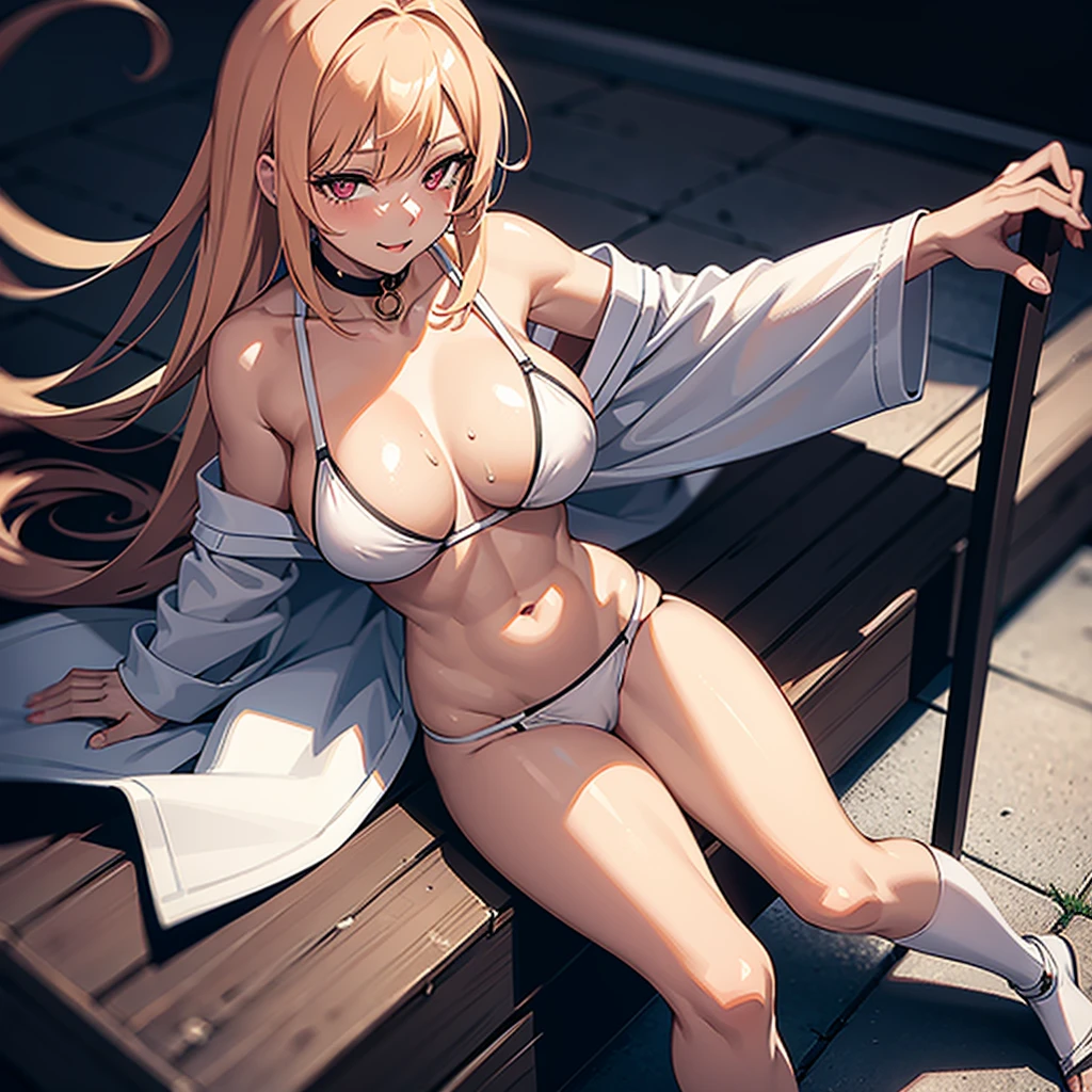 Mature curvaceous tanned hottie, solo, sticking out tongue, smiling, wearing skin-colored kimono with high slit, adjusted to thigh length, with fringe or other accessories above the long slit.    Clothes can accidentally unravel (come apart), become embedded (causing clothing to pull on the crotch), and undergarments can slip off (causing exposure).       Red Eyes, [Facial], [Handjob] [Penis] ★ Ahegao (Fucking Idiot/[Sexual Ecstasy]) Ahe Face [Double-sided orgasm, hot provocative expression.                       (Masterpiece, best quality: 1.2), beauty, goofy smile, pink hair, shiny skin, yogurt on the corner of the mouth, seductive pose, cleavage, wet skin, huge breasts, eye contact, Long hair, sharp edges, moody lighting, artfully melted vanilla ice cream running down, stains dripping everywhere, provocative pose, dim lighting, super pretty sparkling eyes, blank shy expression, big breasts exposing cleavage .      nipple.        Navel, slightly pink above, muscular, open legs, juicy, wet, seductive, spaghetti straps, big breasts, cleavage exposed, navel, dark brown skin, blonde, long straight hair, school girl cut, cosplay, late night , wet body (underwear) ) ) ) ), legs spread.                Details Sitting with legs spread apart, M-shaped legs, white underwear, pink underwear, skin-colored underwear, black underwear, the underwear moved to the side of the thigh, with a large amount of viscous white liquid seeping out of it.              Field Bokeh, (Detailed Background), Perfect Layered Cut, (Full Body Shot/Cowboy Shot/Side View), 8K, Gorgeous Lips, (Masterpiece), (Best Quality), (Ultra Detailed), ((Sexy) ;1.5) ) Very beautiful, illustrations, perfect composition, intricate details, ridiculous, detailed faces, (anime, masterpiece, complex: 1.3), (best quality, hired textures, high details: 1.2), ( 4k), (Extreme detail: 1.4)