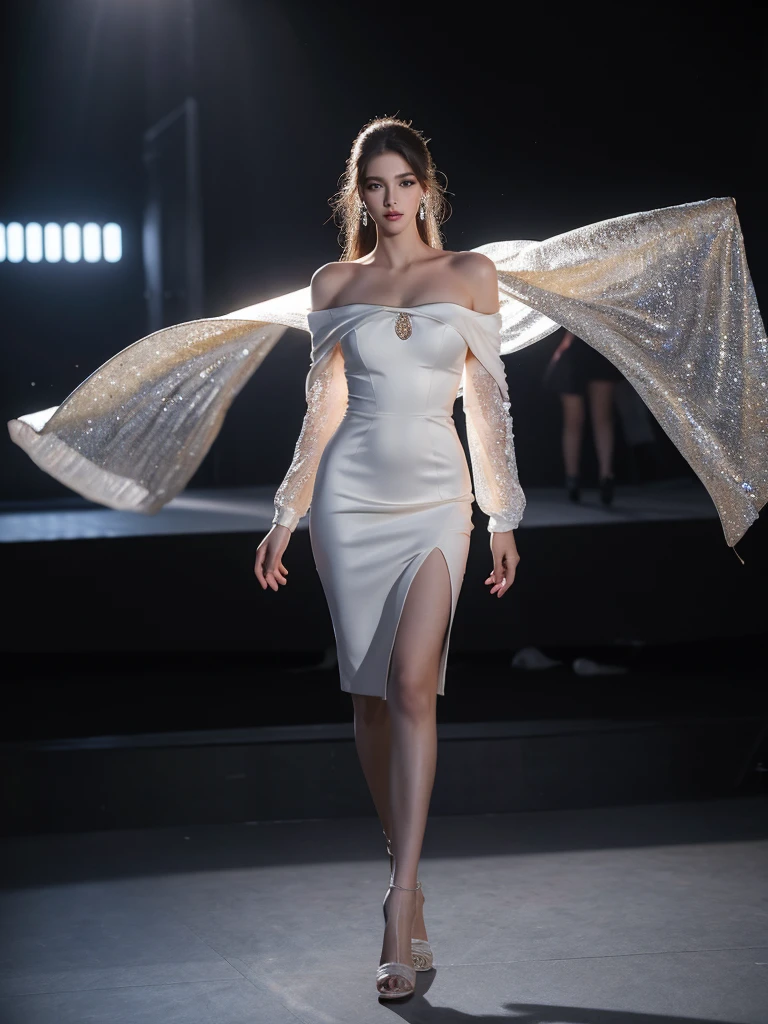 Elegant fashion model walking on a runway, high-end fashion show, dramatic lighting, professional photography, full body shot, flowing designer gown, confident pose, sleek hairstyle, haute couture, glamorous makeup, fashion week atmosphere, dynamic composition, 8k resolution, photorealistic