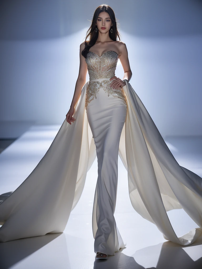Elegant fashion model walking on a runway, high-end fashion show, dramatic lighting, professional photography, full body shot, flowing designer gown, confident pose, sleek hairstyle, haute couture, glamorous makeup, fashion week atmosphere, dynamic composition, 8k resolution, photorealistic