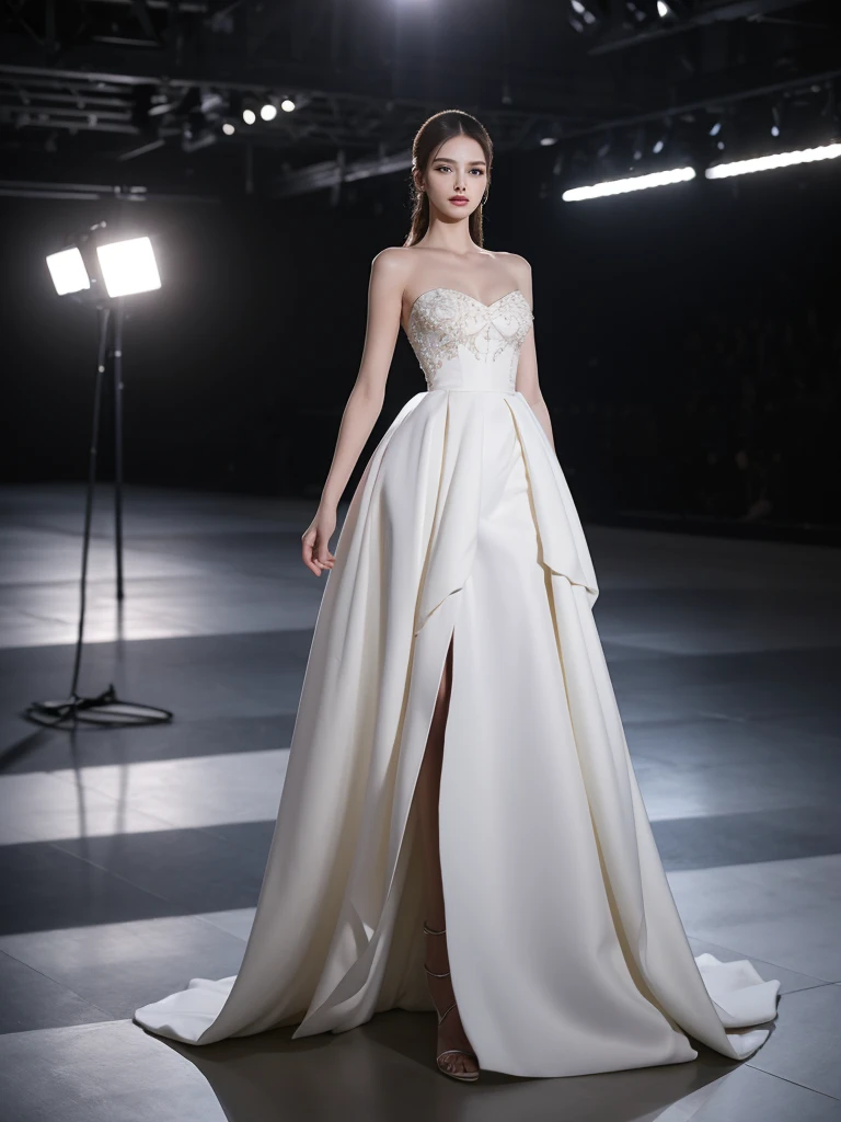 Elegant fashion model walking on a runway, high-end fashion show, dramatic lighting, professional photography, full body shot, flowing designer gown, confident pose, sleek hairstyle, haute couture, glamorous makeup, fashion week atmosphere, dynamic composition, 8k resolution, photorealistic