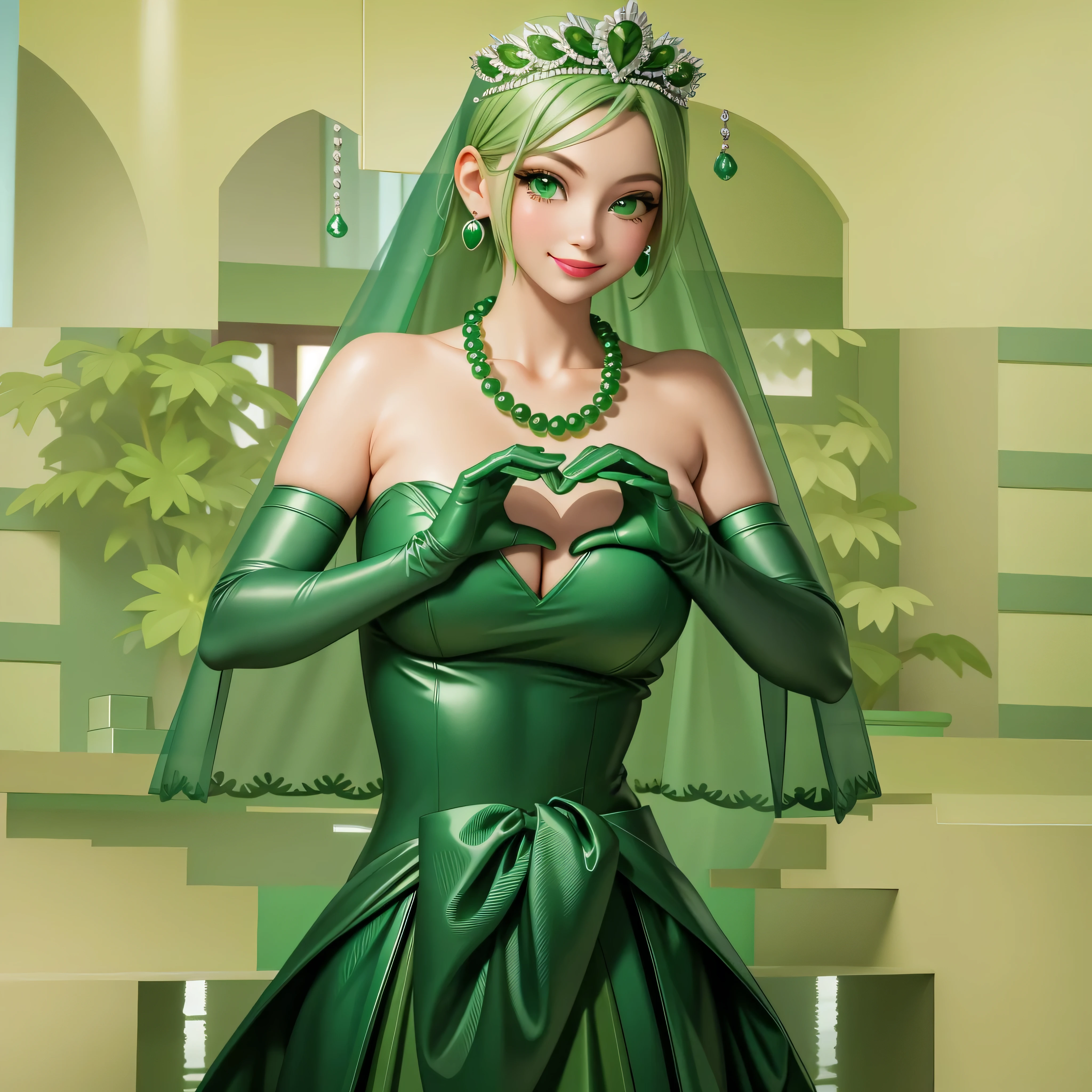 emerald tiara, Green Pearl Necklace, Boyish very short green hair, Green Lips, Smiling Japanese woman, Very short hair, Busty beautiful lady, Green Eyes, Green satin long gloves, Green Eyes, Emerald Earrings, Green veil, Heart with both hands, Green Hair, Beautiful Japanese Woman, Heart shaped hands:1.3, green lip gloss