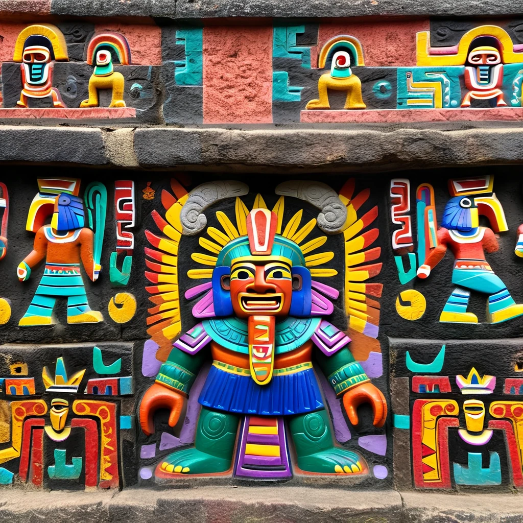 a close up of a wall with a variety of colorful carvings, aztec iconography, aztec mythology, aztec architecture, mayan style, classic mayan mythology, tribal ancient imagery, brutalist aztec architecture, aztec god, hieroglyphs on wall, ancient symbols, highly detailed digital artwork, highly detailed carvings, 3 d toy aztec gods as funco toy