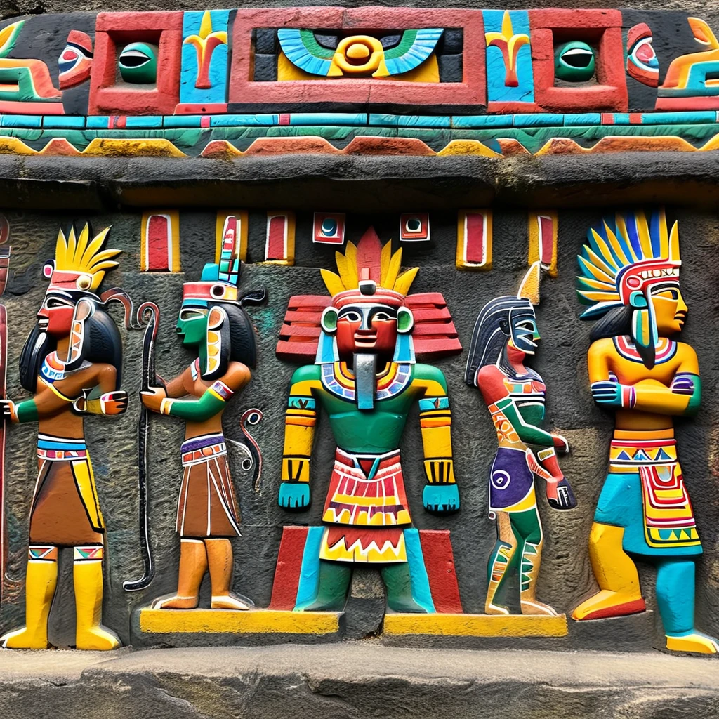 a close up of a wall with a variety of colorful carvings, aztec iconography, aztec mythology, aztec architecture, mayan style, classic mayan mythology, tribal ancient imagery, brutalist aztec architecture, aztec god, hieroglyphs on wall, ancient symbols, highly detailed digital artwork, highly detailed carvings, 3 d toy aztec gods as funco toy