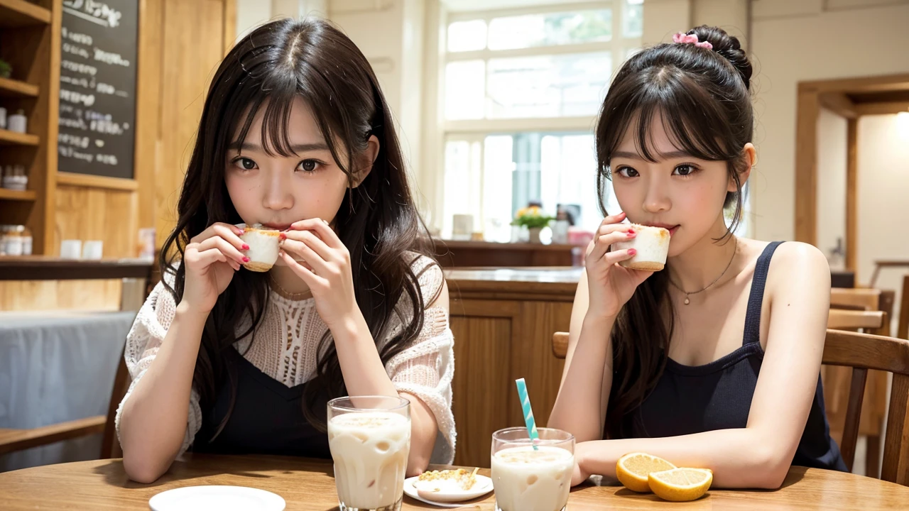 The girl happily eats cake and drinks milk tea in the Crystal Palace