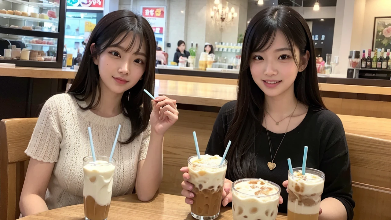 The girl happily eats cake and drinks milk tea in the Crystal Palace