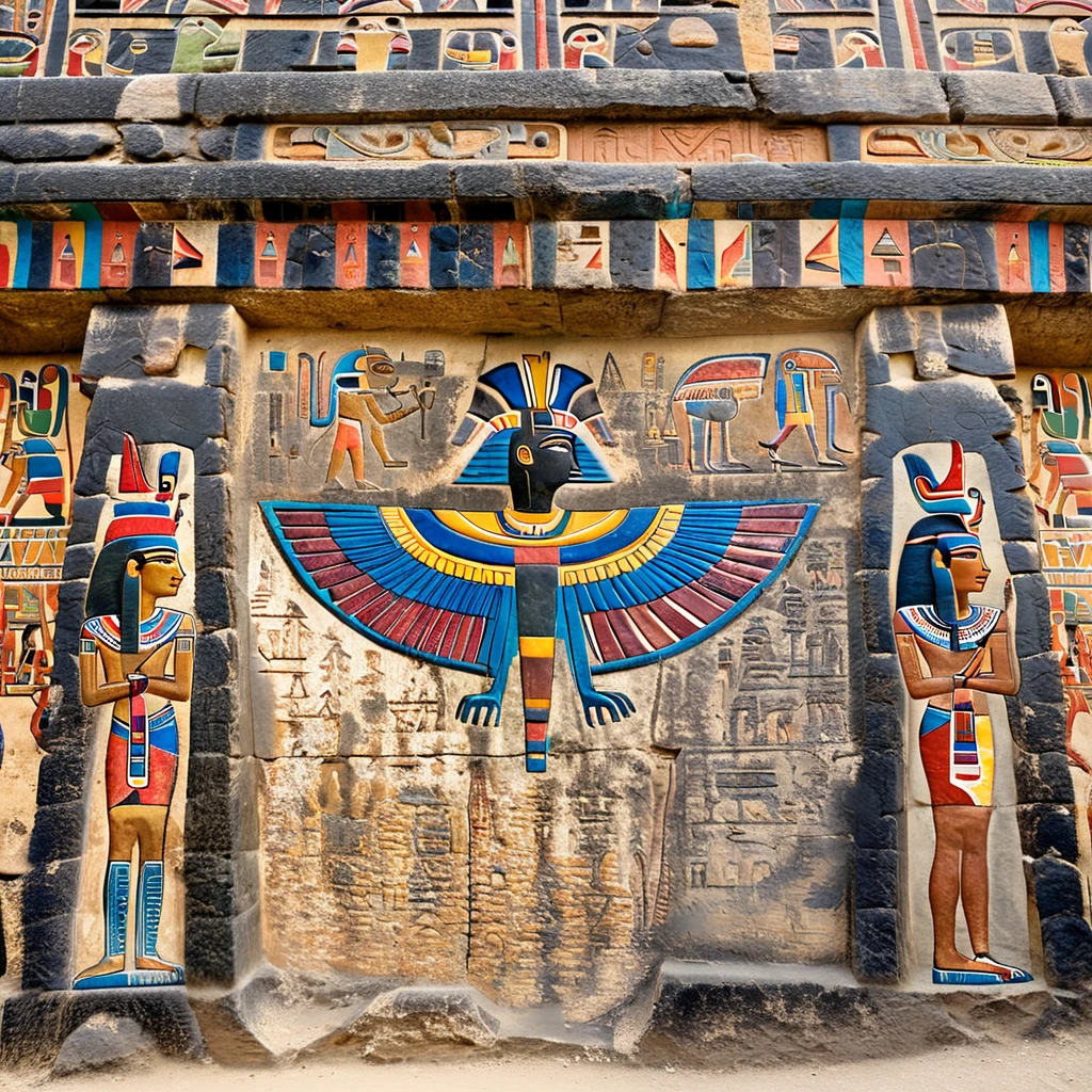 a close up of a wall with a variety of colorful carvings, egyptian art by Dietmar Damerau, shutterstock, art deco, aztec iconography, aztec mythology, aztec architecture, mayan style, classic mayan mythology, tribal ancient imagery, brutalist aztec architecture, aztec god, hieroglyphs on wall, ancient symbols, highly detailed digital artwork