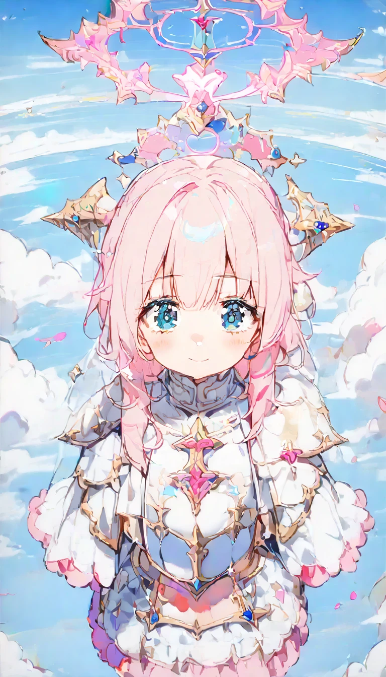 (high quality, 8k, 4K, high contrast, artwork:1.2, high quality, best aesthetics), (centered), ((1 woman)), erotic, sensual, mature body, adult body, adult woman, fleshy woman, super detailed, beautiful face detailed, beautiful eyes detailed, detailed beautiful mouth, (light pink hair, long light pink hair, wavy light pink hair), (blue eyes), (white medieval armor with pink details), (pink ruffed skirt), (shoulder pads), (long white cape), (pink angel halo), (calm expression), (standing), (looking at the viewer), (above the clouds), (clear blue sky), (front view)
