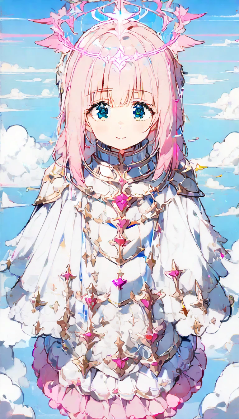 (high quality, 8k, 4K, high contrast, artwork:1.2, high quality, best aesthetics), (centered), ((1 woman)), erotic, sensual, mature body, adult body, adult woman, fleshy woman, super detailed, beautiful face detailed, beautiful eyes detailed, detailed beautiful mouth, (light pink hair, long light pink hair, wavy light pink hair), (blue eyes), (white medieval armor with pink details), (pink ruffed skirt), (shoulder pads), (long white cape), (pink angel halo), (calm expression), (standing), (looking at the viewer), (above the clouds), (clear blue sky), (front view)