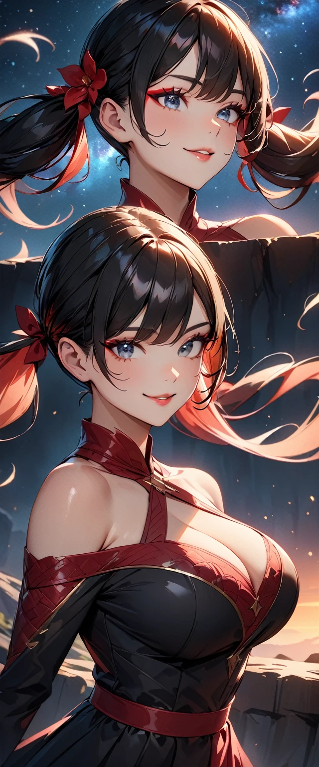Photo of a woman with natural skin, Upper Body, Dynamic pose, Smiling, High Twintails, Black hair with red mesh, Sharp eyes with red eyeshadow, Shining eyes, A thin, upturned nose, Well-shaped lips, ((Black off-the-shoulder dress)), Big Breasts, barefoot, Makeup, Exquisitely crafted with the utmost attention to detail, Vibrant, amazing, Smooth, Cinematic, 4K, Backlight, ((Atop a cliff with a beautiful starry sky)), Shallow depth of field, ((Detailed eyes:1.3, Detailed lips:1.3, high quality, )), masterpiece, Super detailed images, High quality