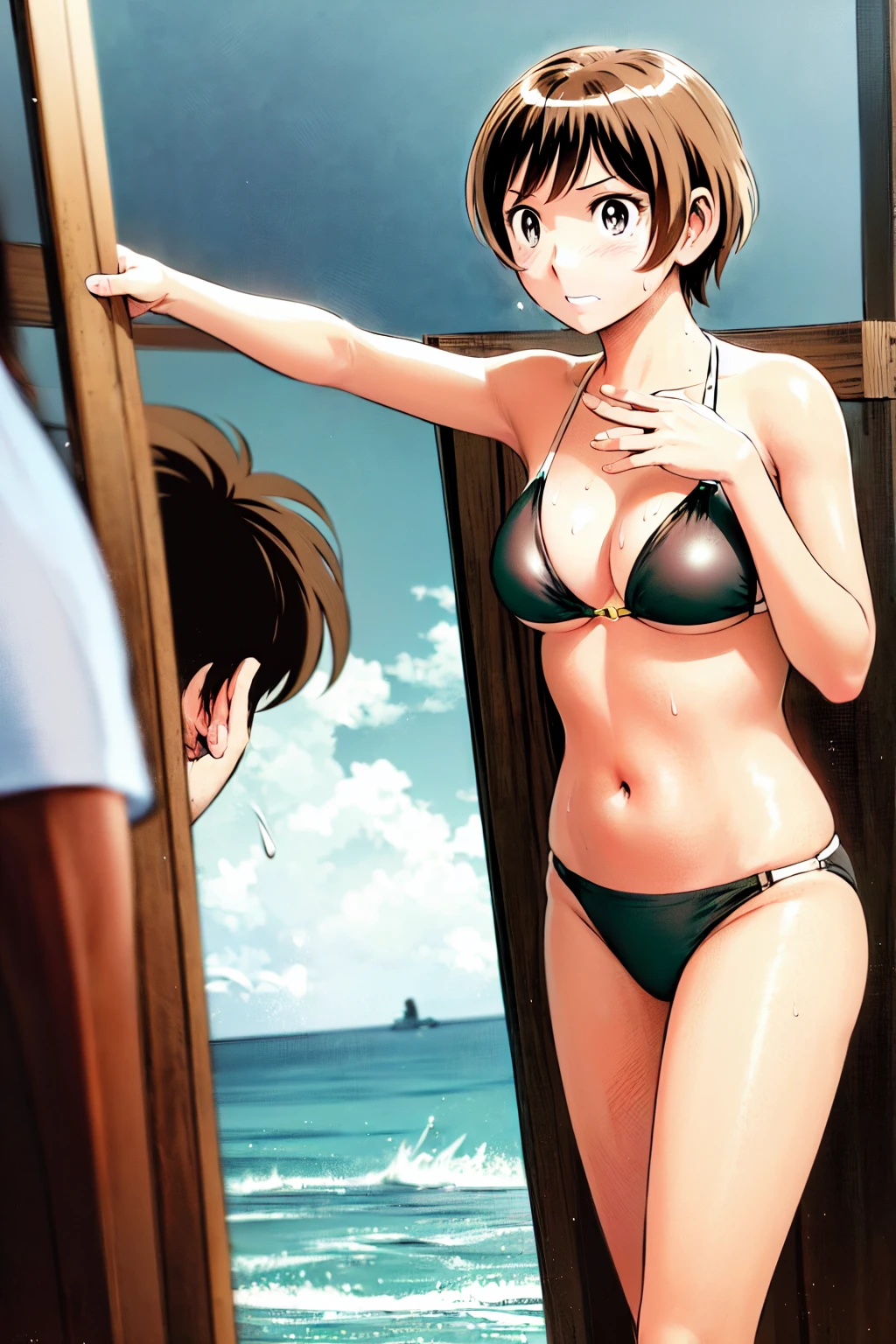 、(masterpiece、Highest quality)、Highest quality, Ultra-high resolution, (((masterpiece))), alone, Sweat、Big eyes, Composition from the front、Shortcuts、Embarrassed face、Bronze colored hair、Cut your hair short、Ocean、beach、Black Micro Bikini、belly button、short hair、(Bronze colored hair)