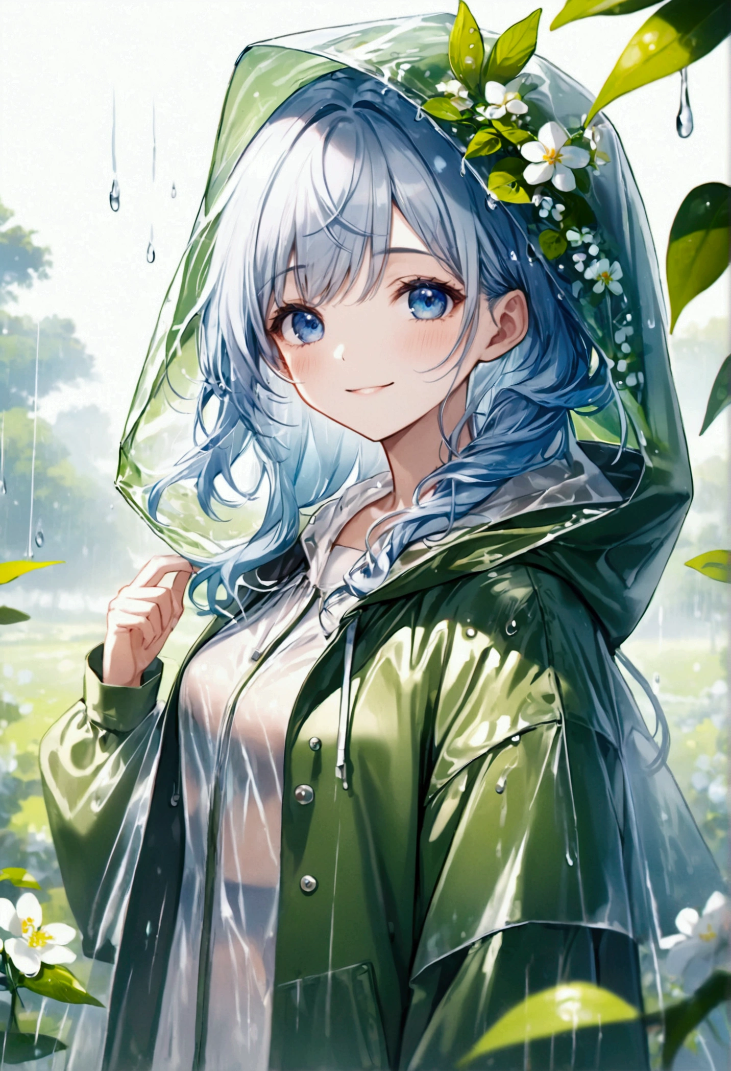 ((Top quality)), ((masterpiece)), ((Ultra Detailed)), (Extremely refined), Beautiful woman, Bright light blue hair, Long wavy hair, Sapphire blue eyes, Wearing a spring green raincoat, Raincoat with hood, The raincoat hood is translucent, Raincoat hood with leaves embedded in it, Raincoat hood with delicate white flowers, The raincoat is transparent, Elegant smile, sweet smile, Relaxed expression, Fair skin, Rainy spring background