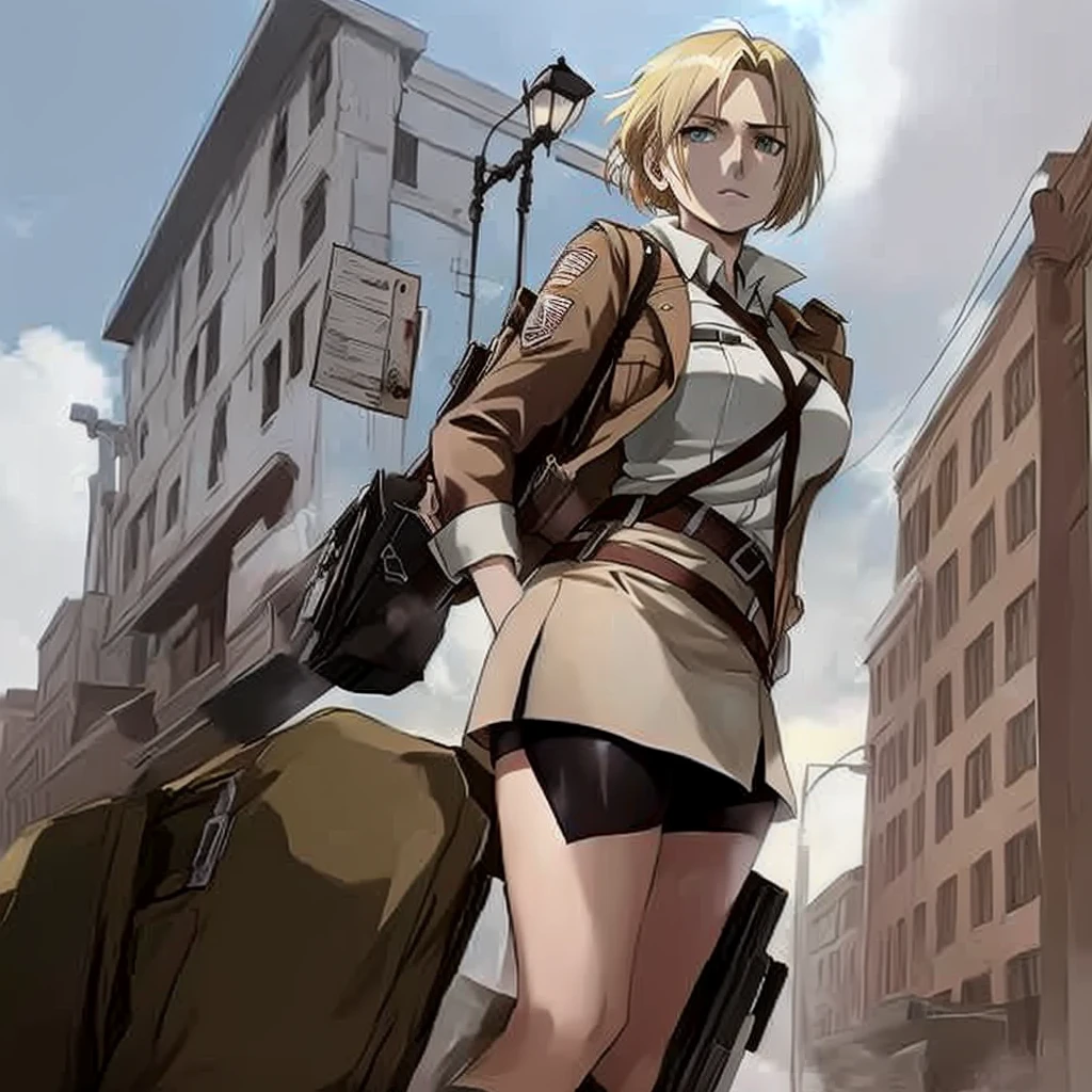 uniformed anime characters are leaning against a lamppost, from Attack on Titan, snk, annie leonhart, in Attack on Titan, looking like annie leonhart, Attack on Titan anime style, Attack on Titan covert art, shingeki no kyojin, (Attack on Titans anime), Attack on Titans, high quality fanart, Attack on Titan, offcial art