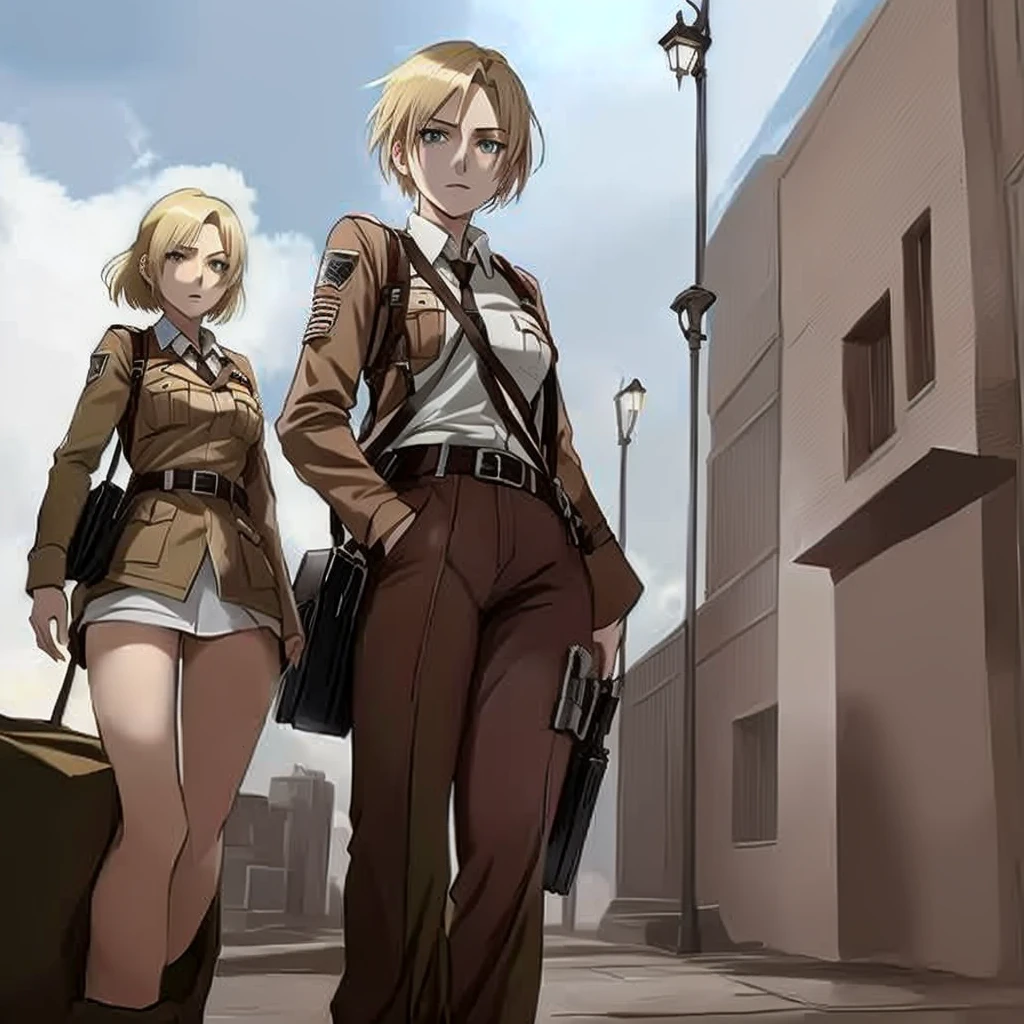 uniformed anime characters are leaning against a lamppost, from Attack on Titan, snk, annie leonhart, in Attack on Titan, looking like annie leonhart, Attack on Titan anime style, Attack on Titan covert art, shingeki no kyojin, (Attack on Titans anime), Attack on Titans, high quality fanart, Attack on Titan, offcial art