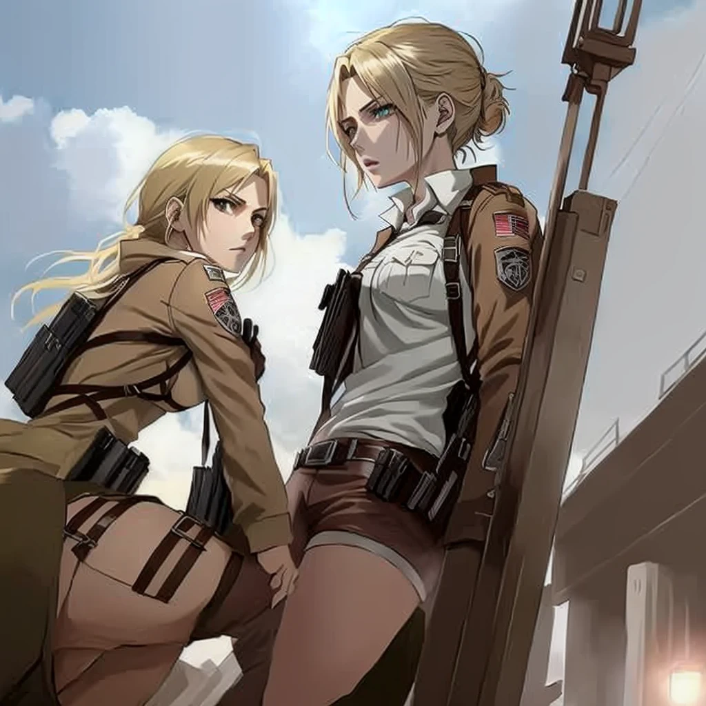 uniformed anime characters are leaning against a lamppost, from Attack on Titan, snk, annie leonhart, in Attack on Titan, looking like annie leonhart, Attack on Titan anime style, Attack on Titan covert art, shingeki no kyojin, (Attack on Titans anime), Attack on Titans, high quality fanart, Attack on Titan, offcial art