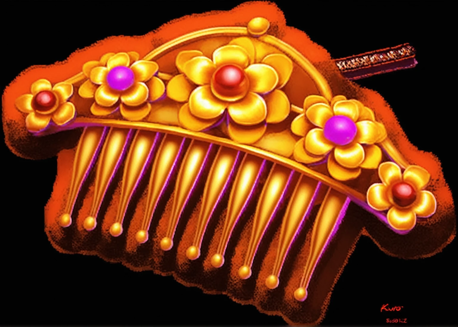 a close up of a Kaneko comb with flowers on it, Hair accessories, Bright and complex design, stylized Digital Illustration, Digital Rendering, harp, Low resolution, Rendering Art, Stylized digital art, Kaneko, flowers and Kaneko, very ornamented, High detail digital, Digital Illustration, detailed Digital Illustration, Gorgeous hair, Kaneko adornements