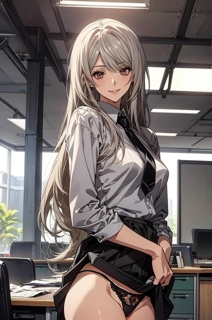 (Highest quality, High resolution, Very detailed), 1 female, Silver Hair, Long Hair, Reddish brown eyes, office staff suit skirt, lace thong, Large Breasts, secretary, 24th generation, Beautiful woman, mature, thin, quiet, Calm, Large Breasts, A small smile, office,