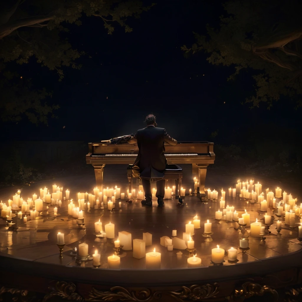 there is a man sitting on a bench surrounded by candles, album art, standing on top of a piano, lit with candles, amazing composition, dramatic candlelight, pianist, unimaginable composition, in a room full of candles, room full of candles, unreal engine ; romantic theme, candlelit, photoreal epic composition, romantic atmosphere, promo art, masterful composition!!!