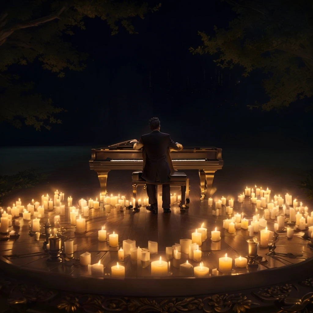 there is a man sitting on a bench surrounded by candles, album art, standing on top of a piano, lit with candles, amazing composition, dramatic candlelight, pianist, unimaginable composition, in a room full of candles, room full of candles, unreal engine ; romantic theme, candlelit, photoreal epic composition, romantic atmosphere, promo art, masterful composition!!!