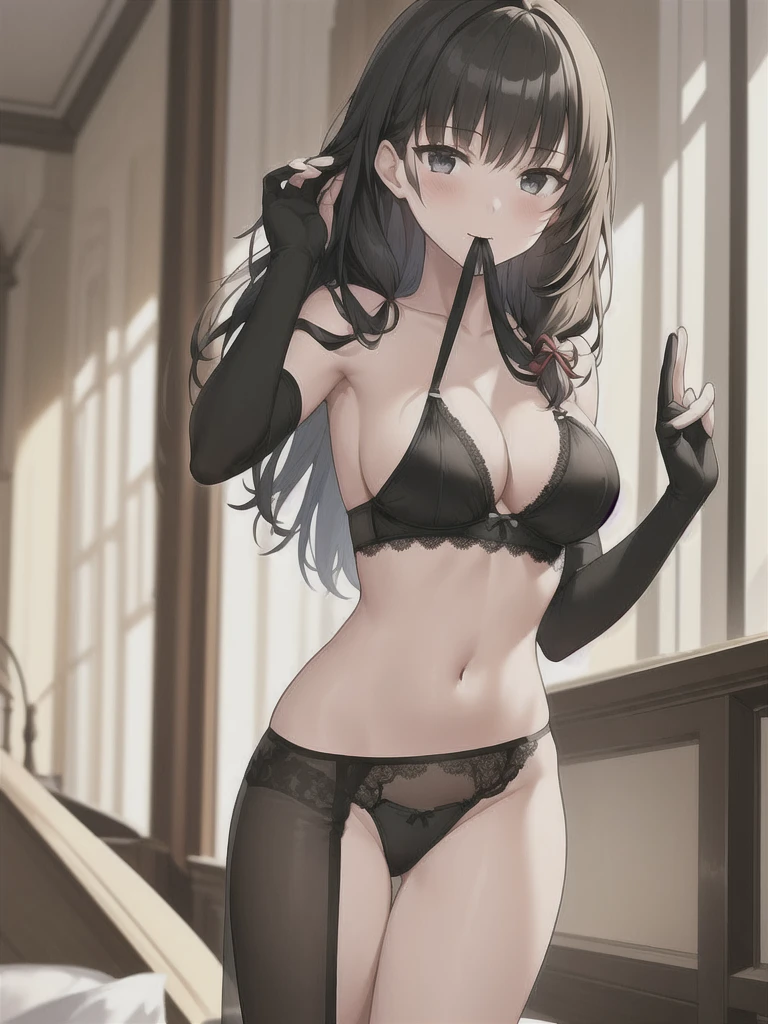 (in hotel, masterpiece, best quality:1.2), (1girl, , hold hair band in one's mouth, waving hair, long hair, black lingerie, black elbow gloves)