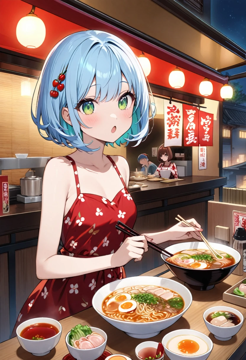 Light blue hair、Short Bob、Deep green eyes、Small breasts、Cherry print dress、Ramen stall、night、counter、Eat soy sauce ramen